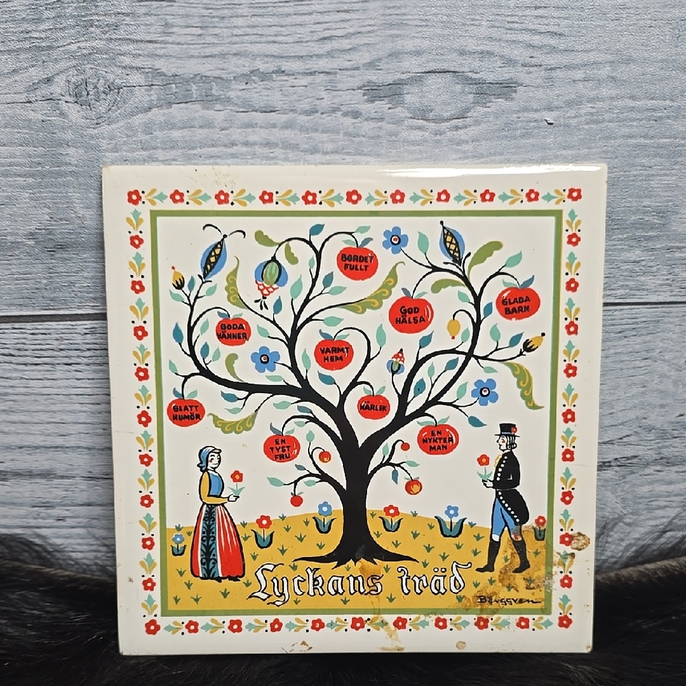Vintage 60s Swedish Berggren Trayner Tile Trivet Good Luck Tree Folk Art